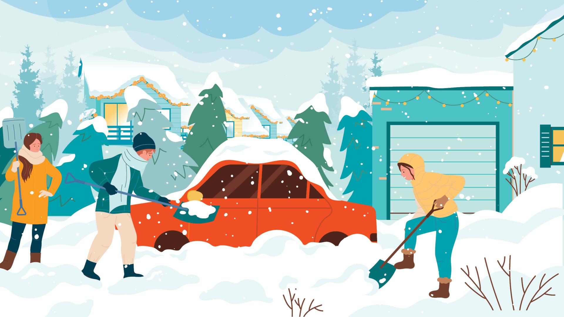 Family clearing snow at home