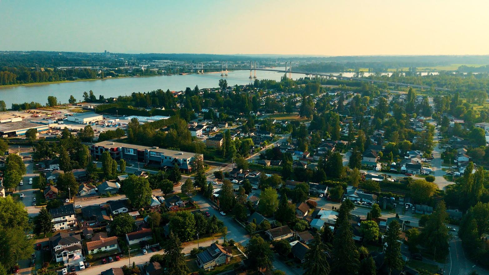 An aerial of western Maple Ridge, featuring the Fraser River and Golden Ears Bridge.