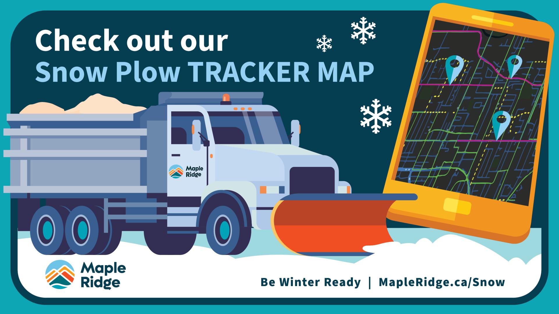 A graphic of a dump truck with a plow attachment, filled with snow next to a phone showing the Show Plow Tracker Map.