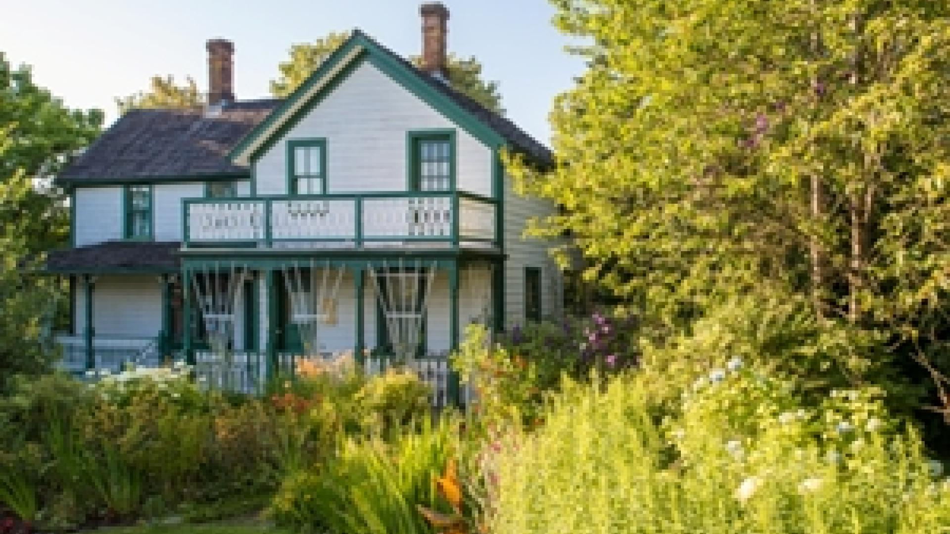 Exterior of Haney House. The building is wooden, white, multi-story house. The house is surrounded by shrubs and trees.