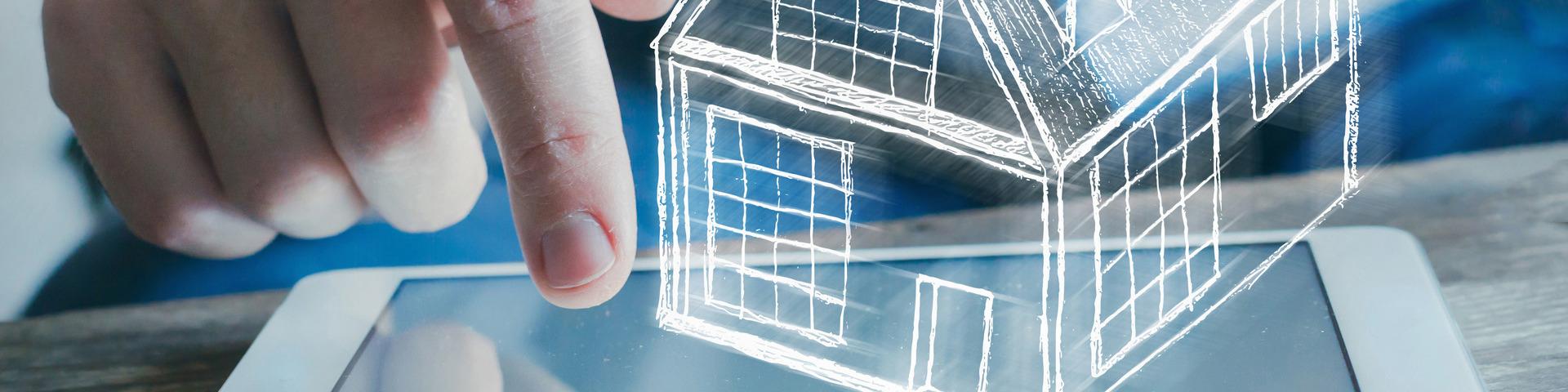 A diagram of a house pops off the screen of a tablet in response to a user's touch.