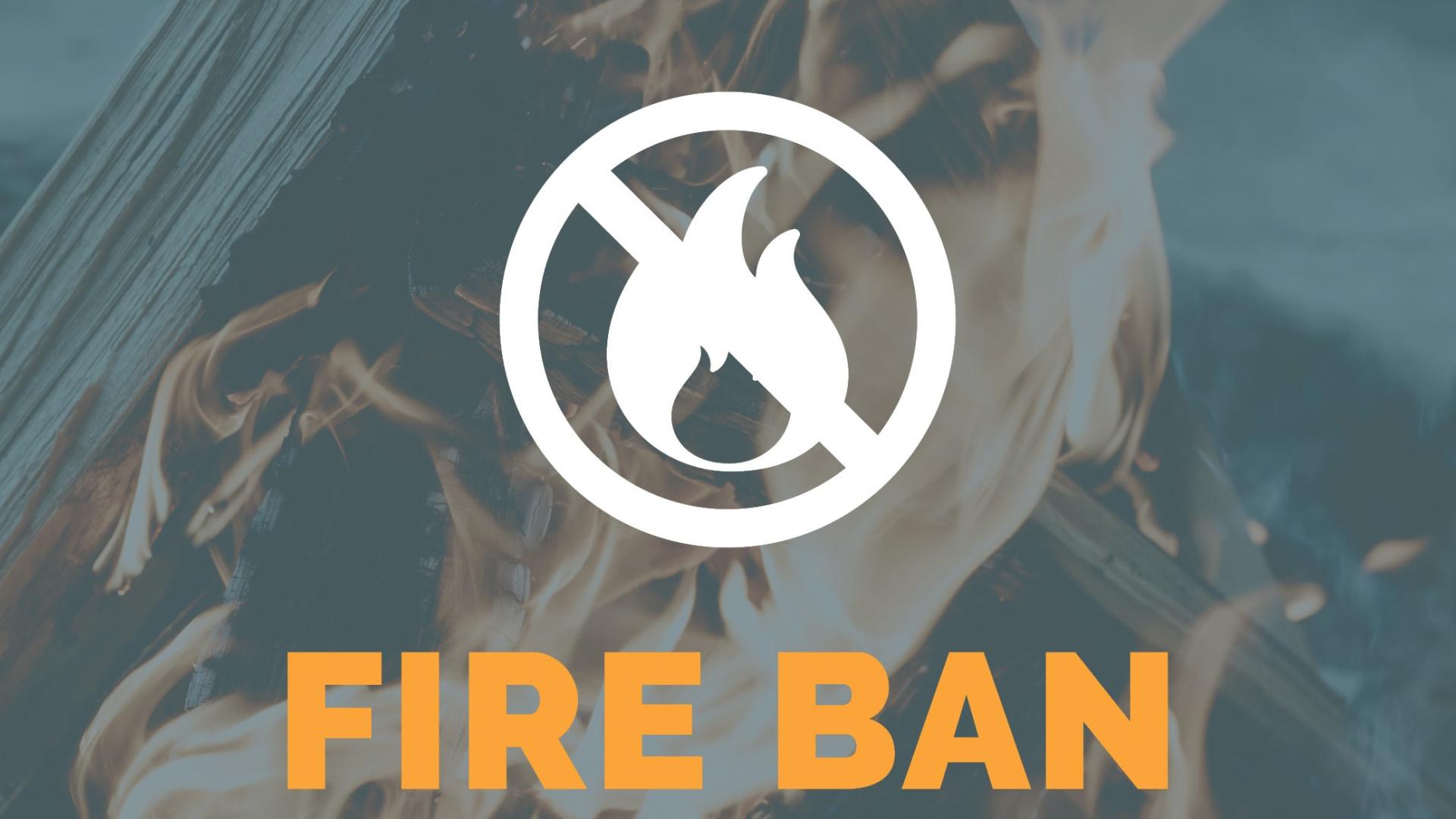 no flame icon with fire ban written below and flames in the background