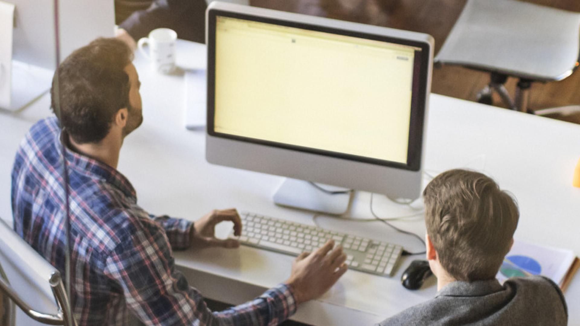 Two men review the contents of a computer screen in an office.
