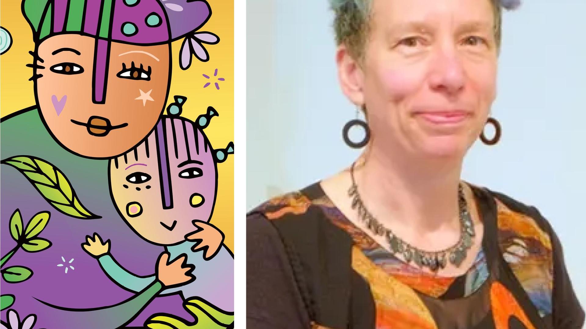 Two panels - the first is vibrant artwork showing an older woman embracing a child. The second is a phot of Tammy Routley.