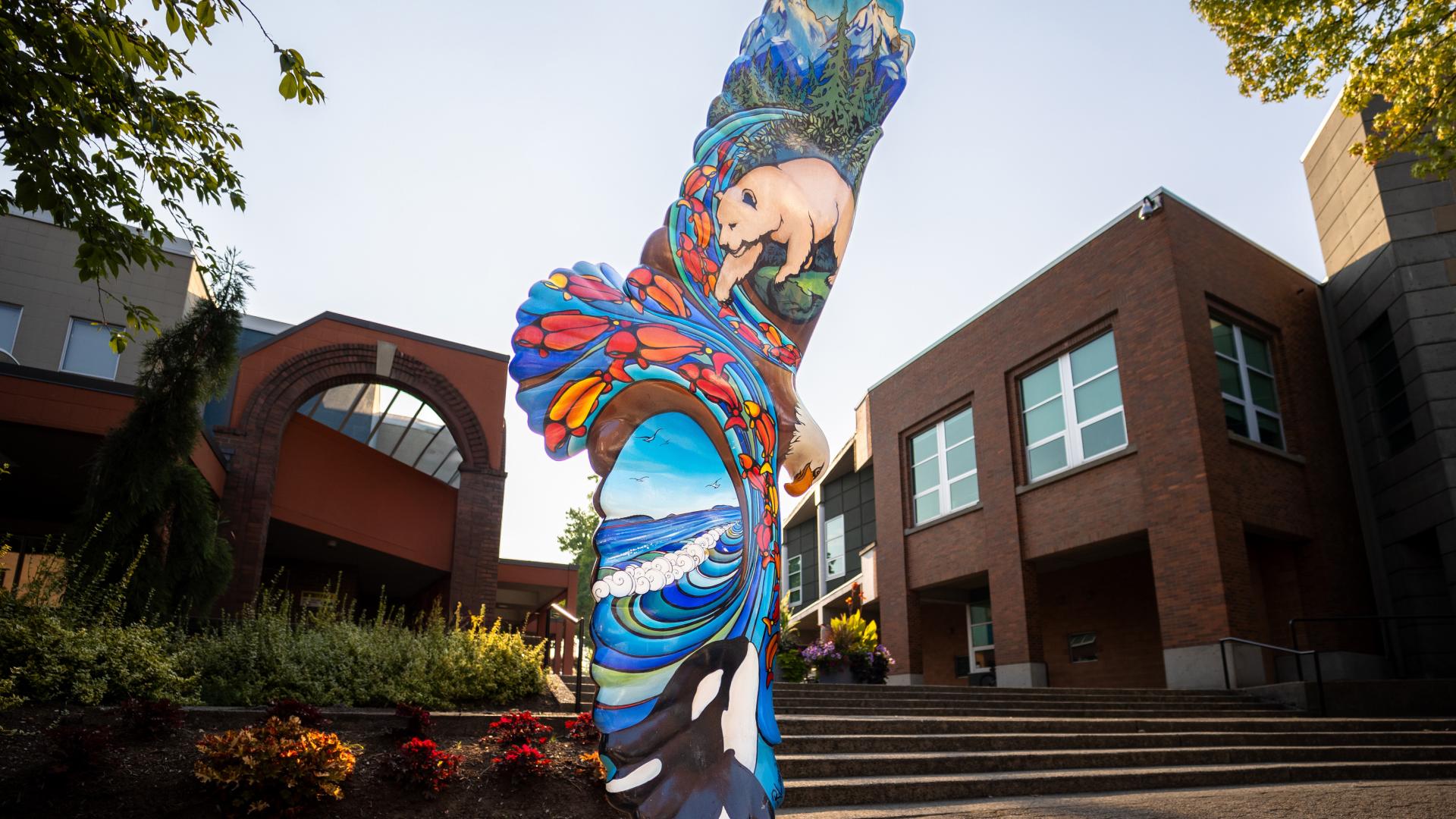 A large fibreglass eagle spreads its wings in the city square. On it is painted an orca, waves, salmon, a polar bear and forest, depicting BC's environment from sea to sky.