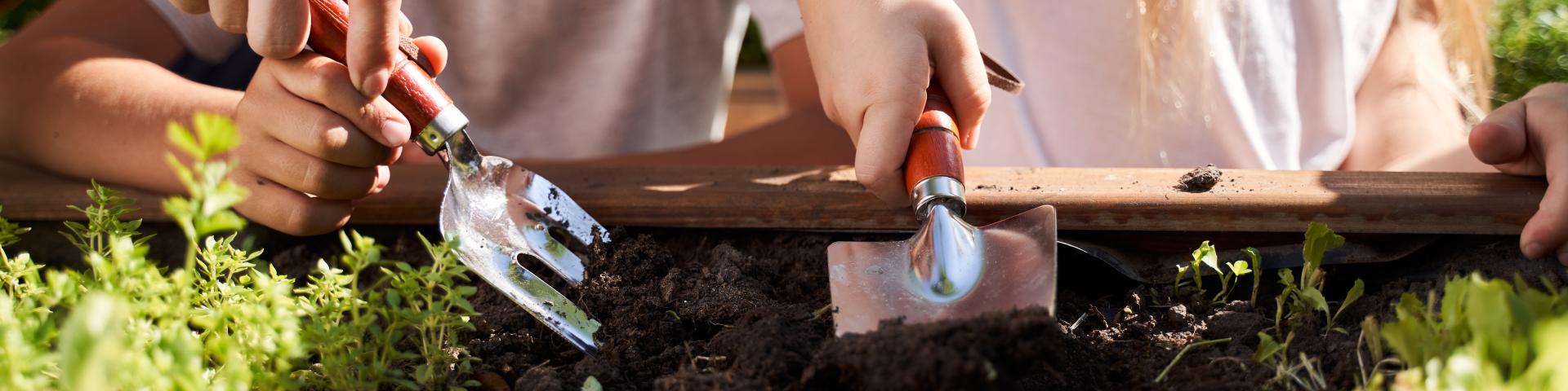 Children wielding trowels dig into a flower bed, preparing to plant seedlings.