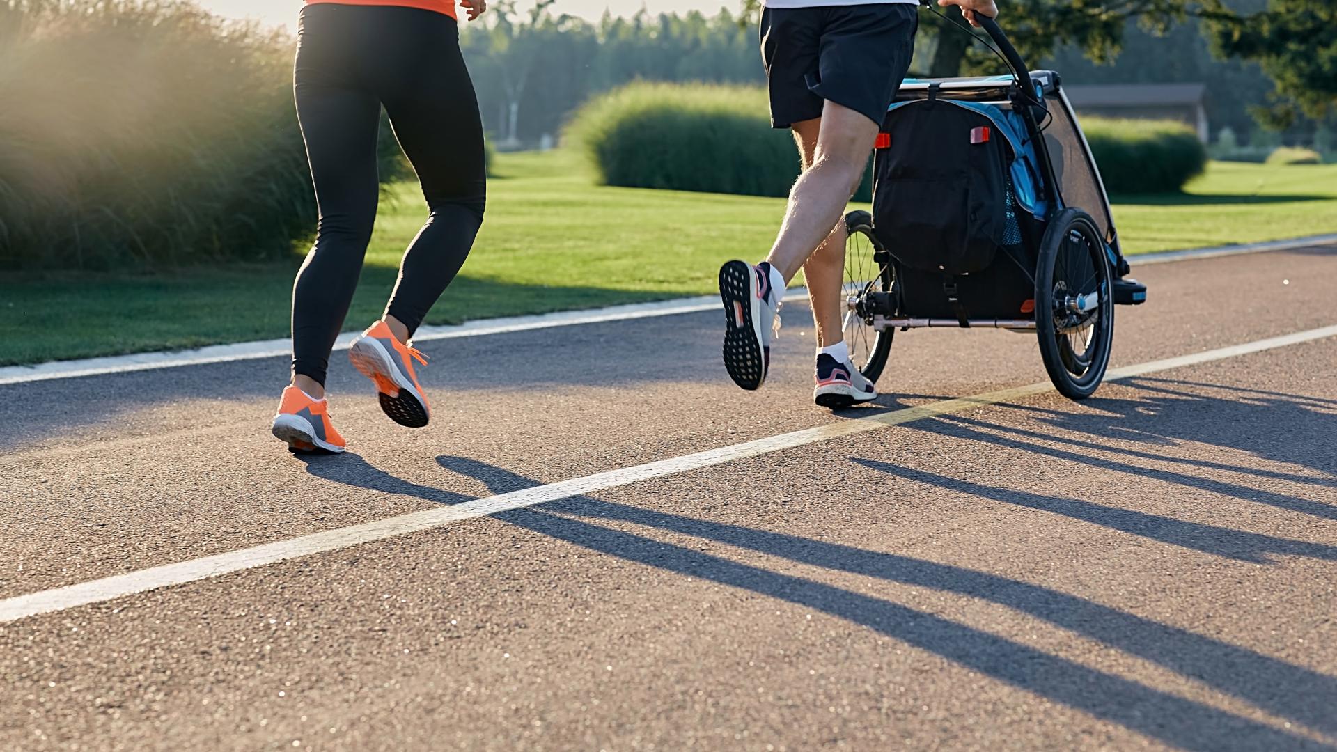 Two people run along a road, one pushing a stroller.