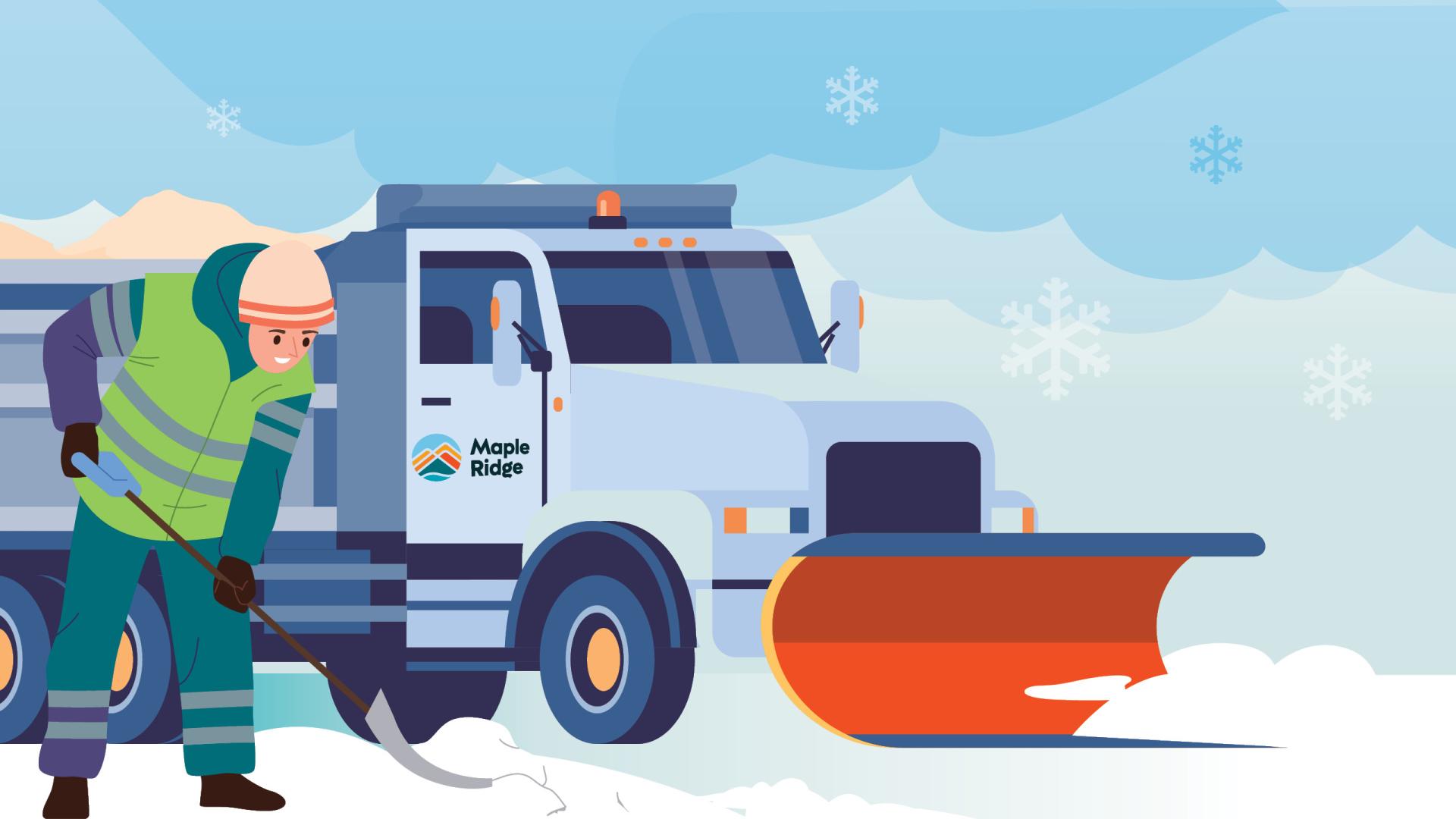 A stylized graphic of a worker shoveling snow next to a City plow truck.