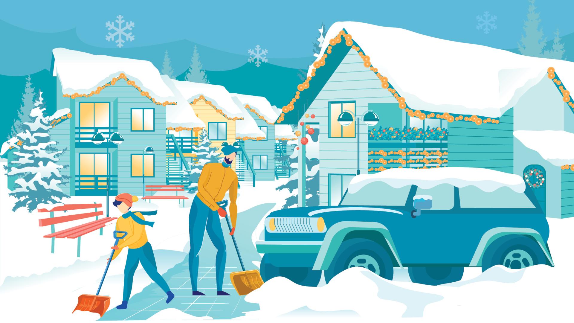 A stylized graphic of two individuals clearing a snow-laden driveway.