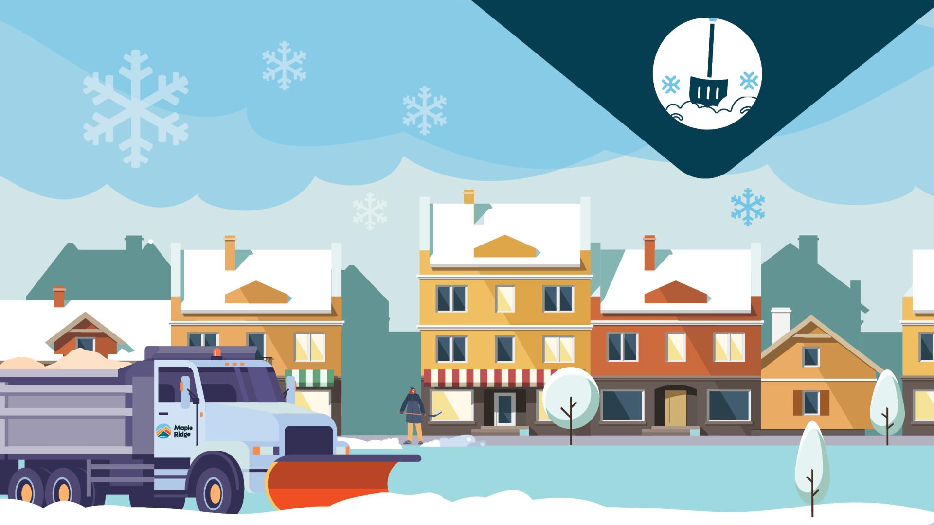 A stylized graphic of City snow plow clearing a street on a snowy day.