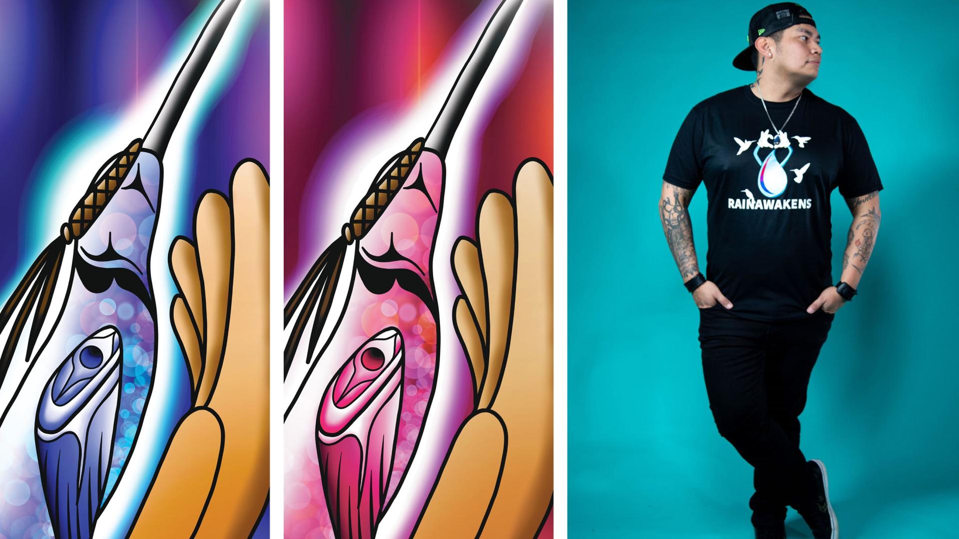 3 panels - the first is an artwork of a hand stroking a blue hummingbird, the second a red hummingbird, and the third a photo of Rain Pierre sɬə́məxʷ.