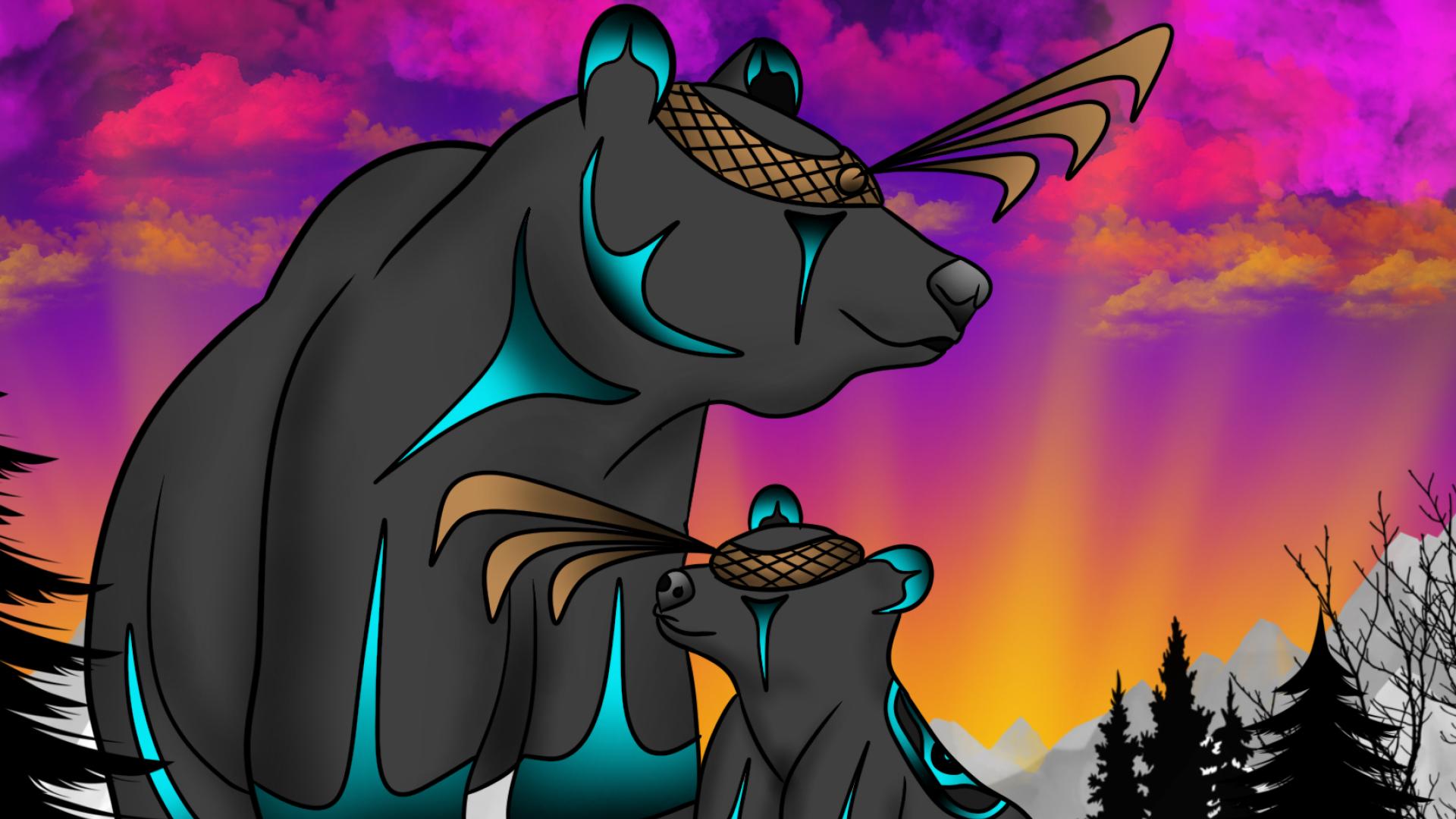 Art by Rain Pierre of Two Bears with a Colourful Sky