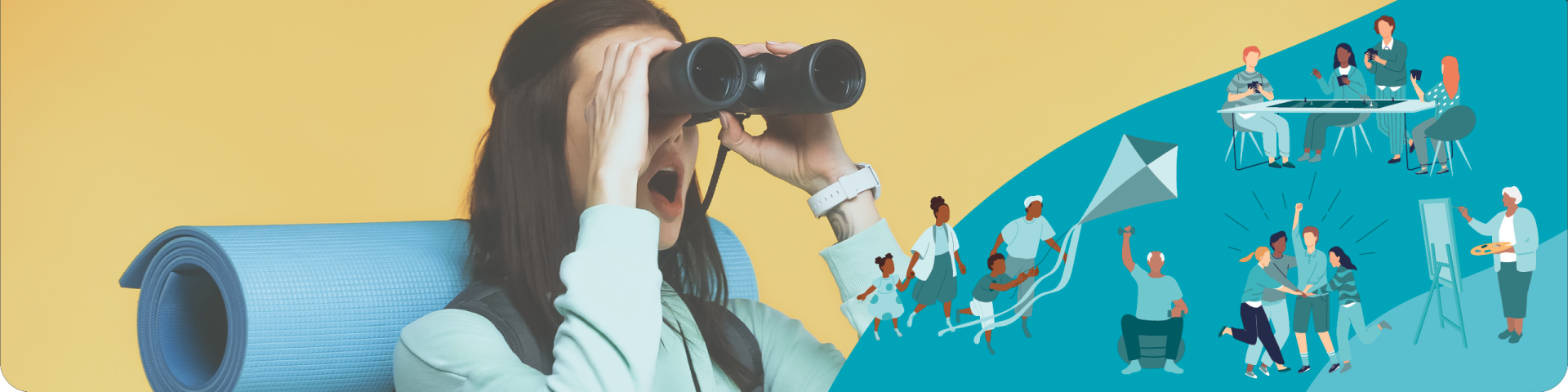 Woman with Yoga Mat Looking Through Binoculars with Illustrations of Lots of Different Activities