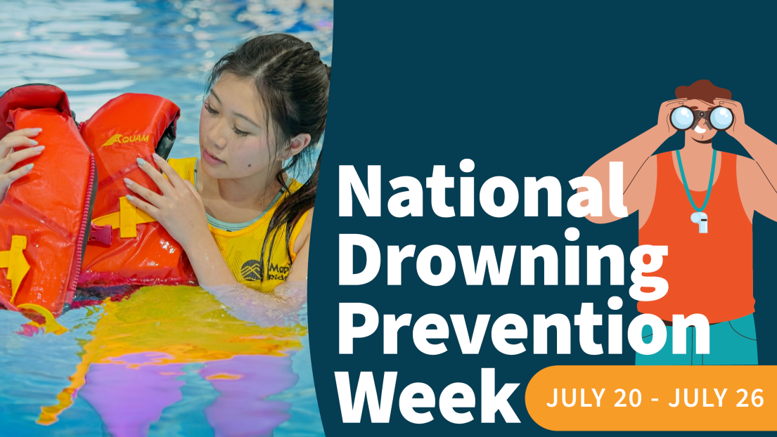 Staff Holding a Lifejacket with text National Drowning Prevention Week